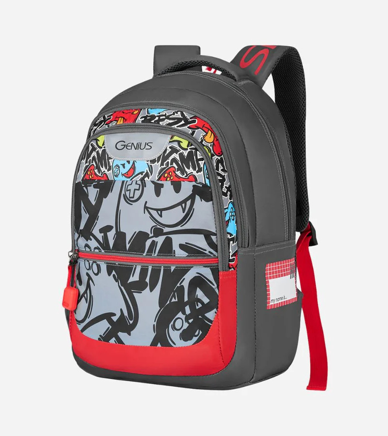 Genius by Safari Scribble 27L Grey School Backpack with Name Tag