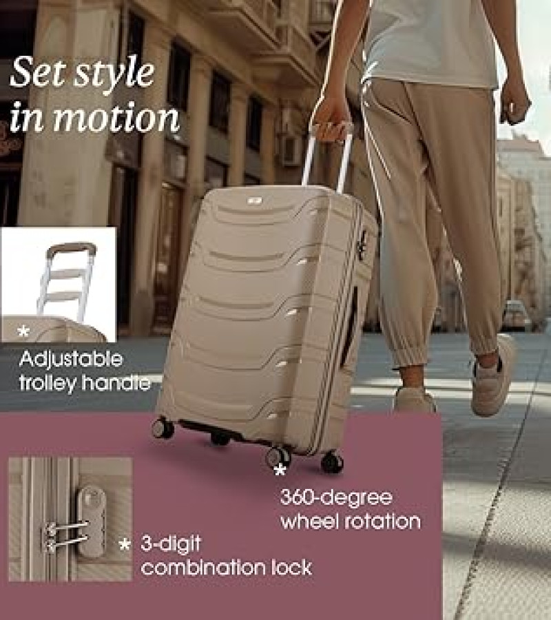 Skybags Curve Set of 3 Hard Luggage (Cabin+Medium+Large) | Polypropylene Luggage Trolley with 8 Wheels| Beige | Unisex