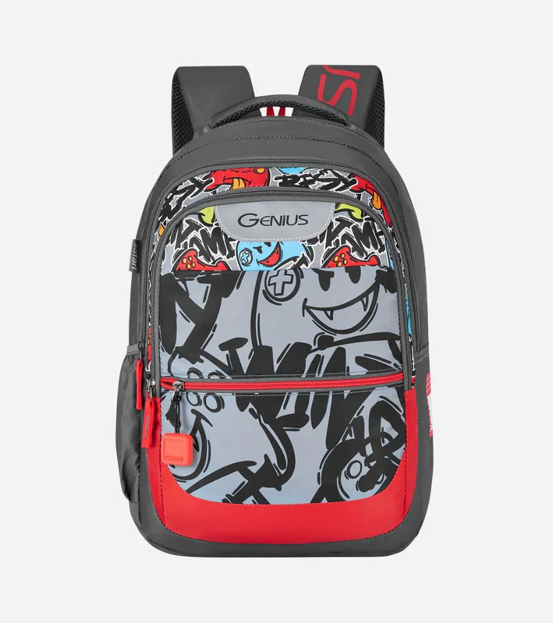 Genius by Safari Scribble 27L Grey School Backpack with Name Tag