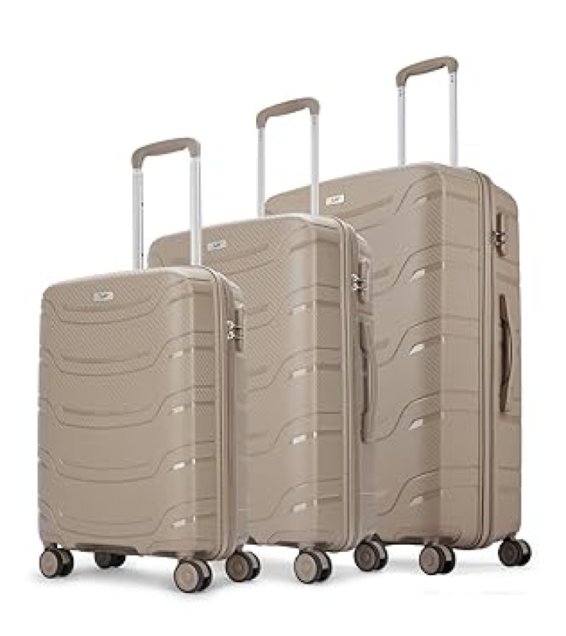 Skybags Curve Set of 3 Hard Luggage (Cabin+Medium+Large) | Polypropylene Luggage Trolley with 8 Wheels| Beige | Unisex